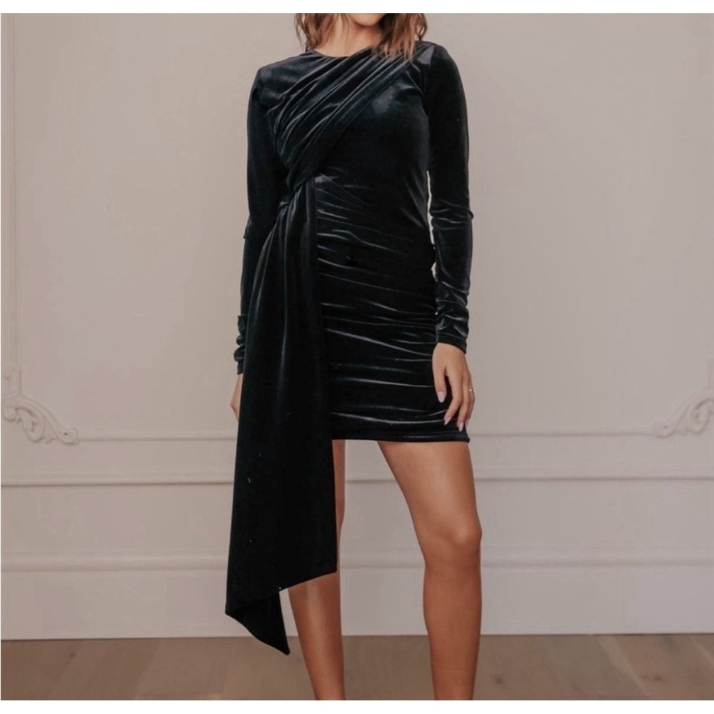 JESSAKAE Noor Dress Black Velvet Stretch Front Panel Drape Sash Size XS NWT
